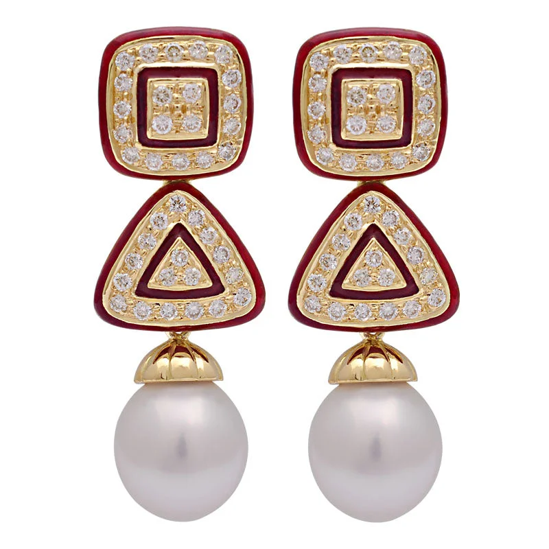 cute earrings for women -Earrings-South Sea Pearl and Diamond (Enamel)