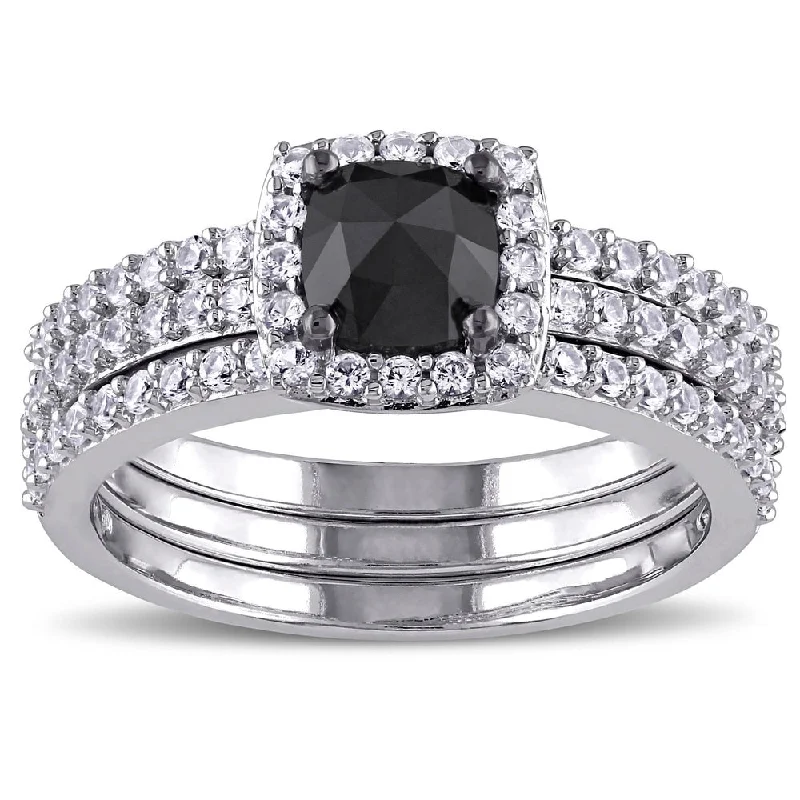 colored gemstone engagement rings -Miadora 10k White Gold 3/4ct TDW Black Diamond and Created White Sapphire Bridal Ring Set