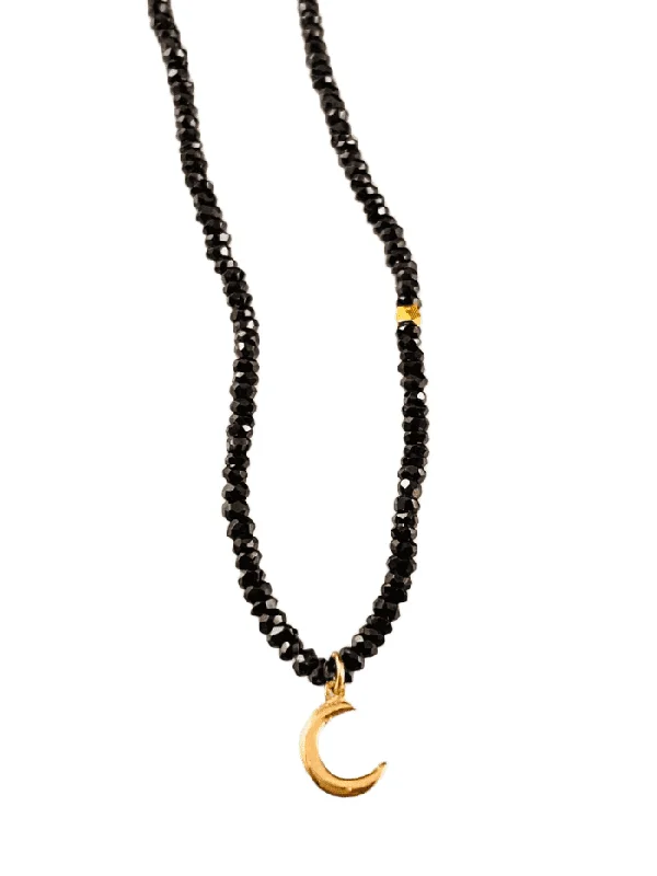 women's gold necklaces -16” Faceted Black Garnet 14k Gold Crescent Moon Charm Necklace