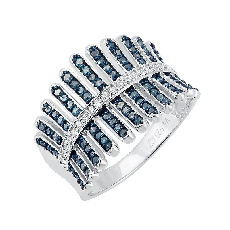 wedding rings for couples -Sterling Silver with 0.50CTTW Natural Blue and White Diamond Multi Row Ring