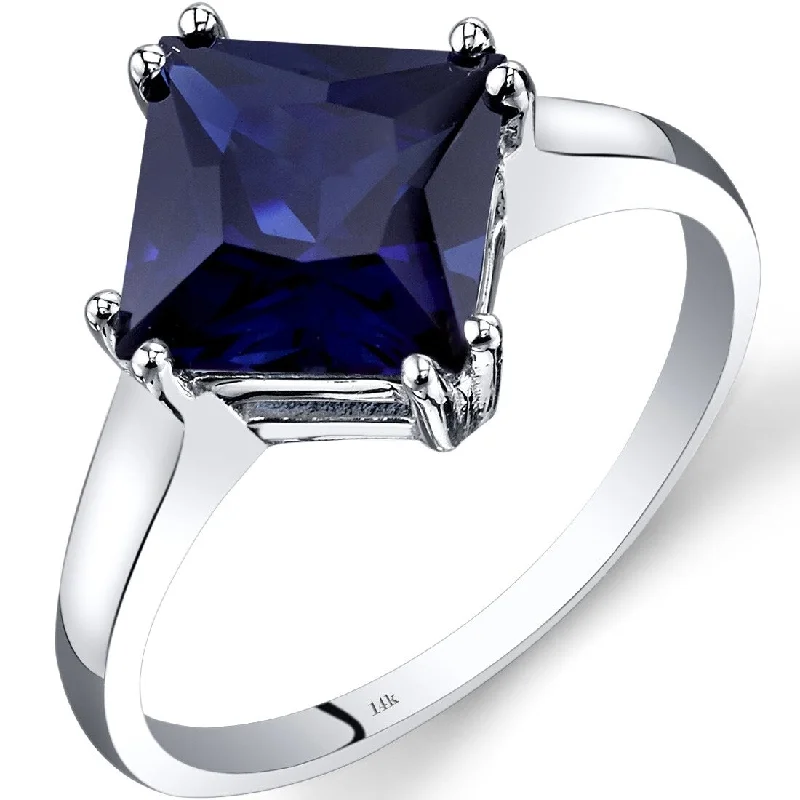 personalized rings for women -14k White Gold 3.25ct Created Blue Sapphire Ring