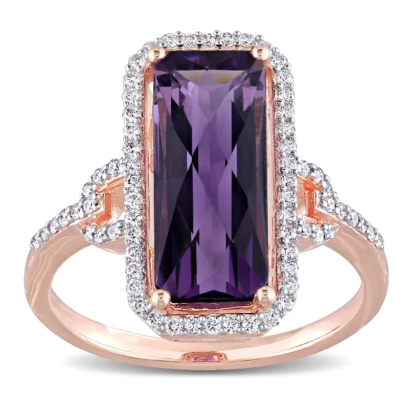 vintage diamond rings -Miadora 14k Rose Gold 5ct TGW Octagon-cut Amethyst & 1/4ct TDW Diamond Halo Cocktail Ring