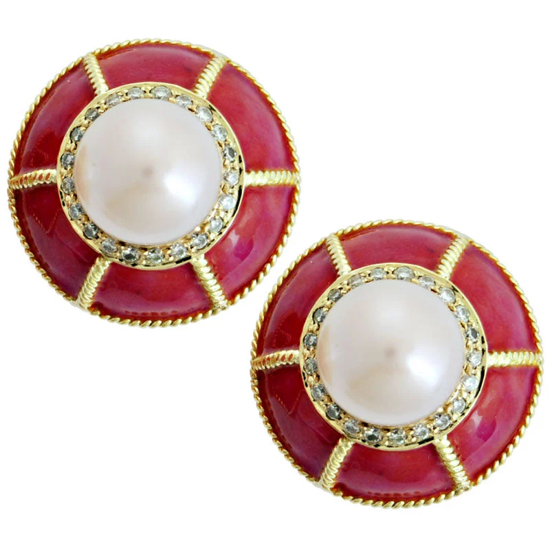 simple diamond earrings -Earrings-Pearl and Diamond (Enamel)