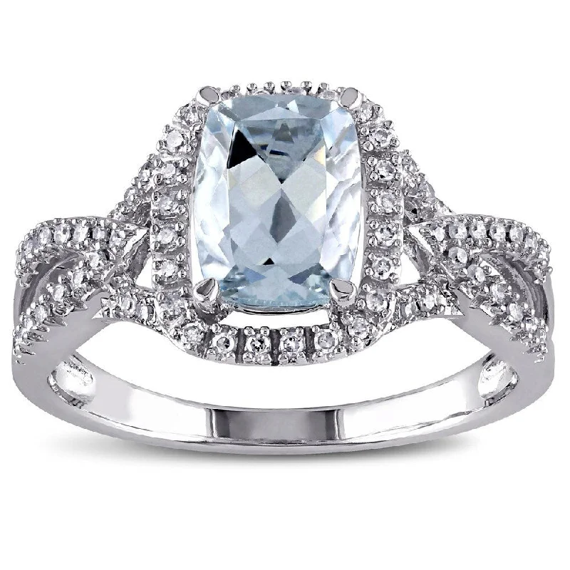 halo engagement rings -Miadora Signature Collection 10k White Gold Aquamarine and 1/6ct TDW Diamond Split Shank Ring - Blue