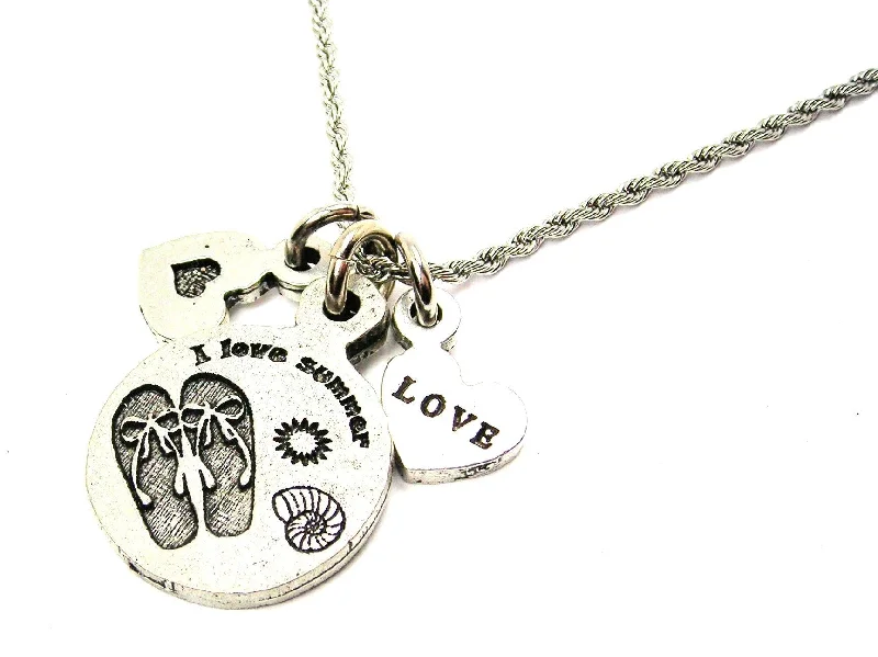 silver bar necklaces for women -I Love Summer Flip Flops With Seashell Stainless Steel Rope Chain Necklace