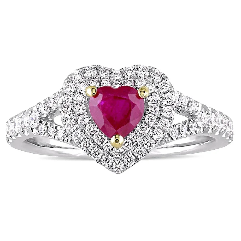 anniversary rings for women -Miadora 14k White Gold with Yellow Prongs Ruby and 2/5ct TDW Diamond Heart Double Halo Ring