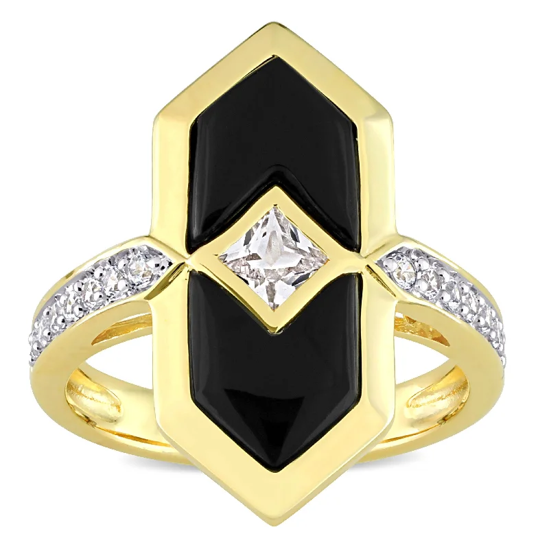 wedding rings with gemstones -Miadora 7.06 CT TGW Black Onyx Created White Sapphire Fashion Ring Yellow Silver