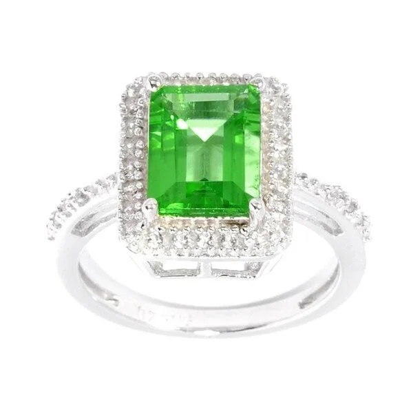 luxury fashion rings for women -Sterling Silver Green Emerald and White Topaz Rectangle Halo Ring