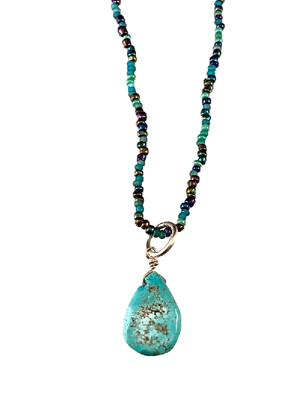 charm necklaces for women -18" Mixed Green Glass Bead Strand Turquoise Pendant Necklace