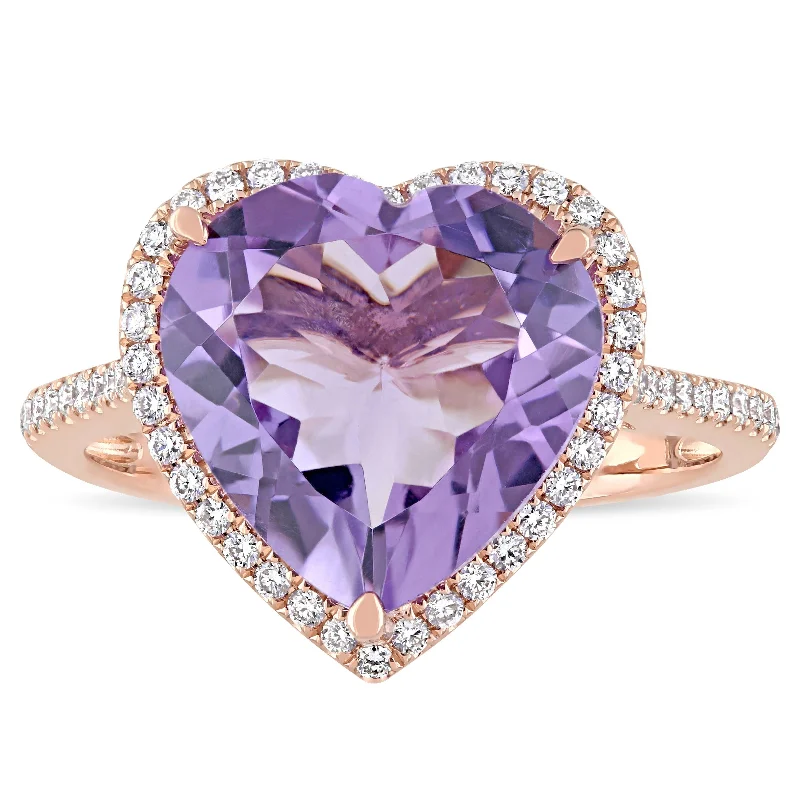 vintage diamond rings -Miadora Signature Collection 14k Rose Gold Amethyst and 1/3ct TDW Diamond Heart Halo Cocktail Ring - Purple