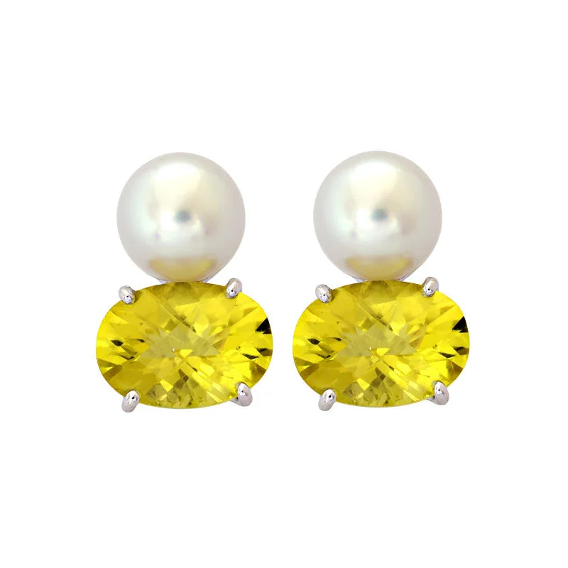 vintage stud earrings -Earrings-Lemon Quartz and South Sea Pearl