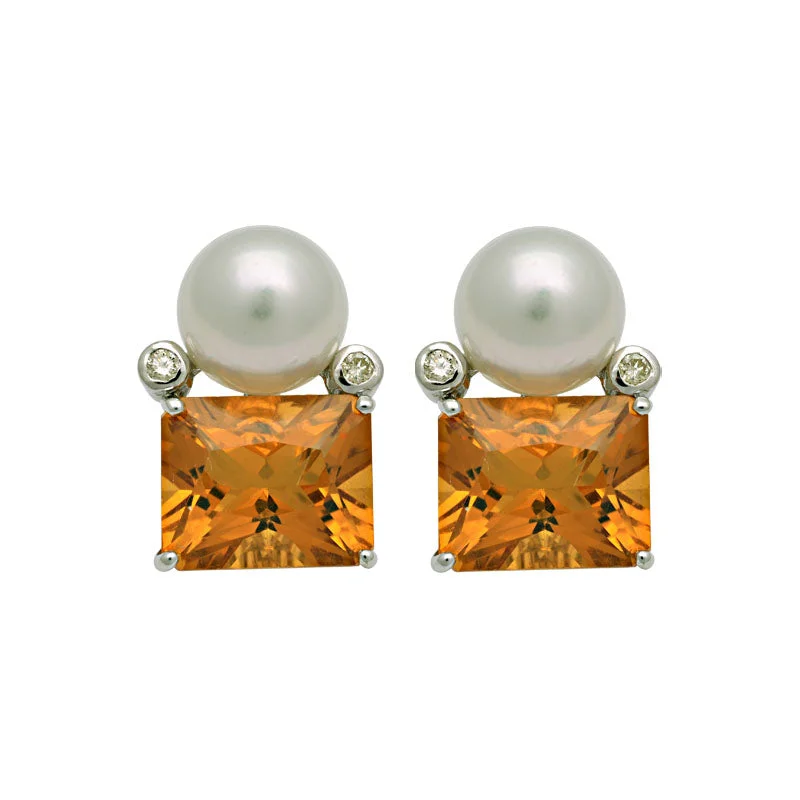 geometric earrings for women -Earrings-Citrine, South Sea Pearl and Diamond