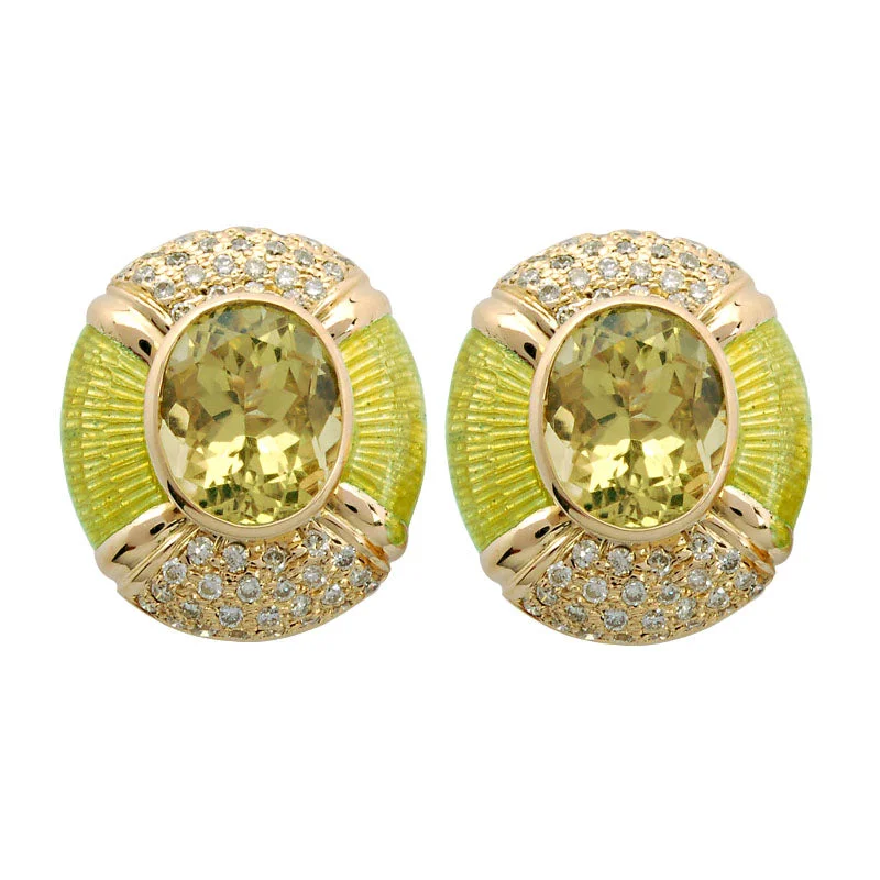 stud earrings for women -Earrings-Lemon Quartz and Diamond (Enamel)