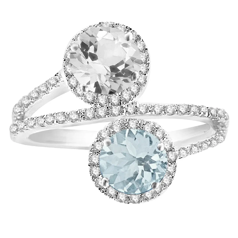 diamond cluster rings for women -Sterling Silver with Natural Aquamarine and White Topaz Bypass Ring