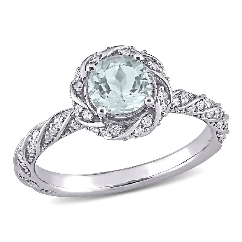 engraved rings for women -Miadora 14k White Gold Aquamarine 1/4ct TDW Diamond Swirl Halo Ring