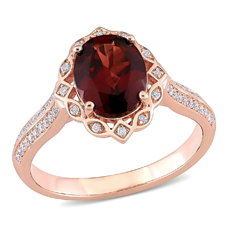 personalized rings for women -Miadora 14k Rose Gold Oval-cut Garnet and 1/6ct TDW Diamond Vintage Halo Ring