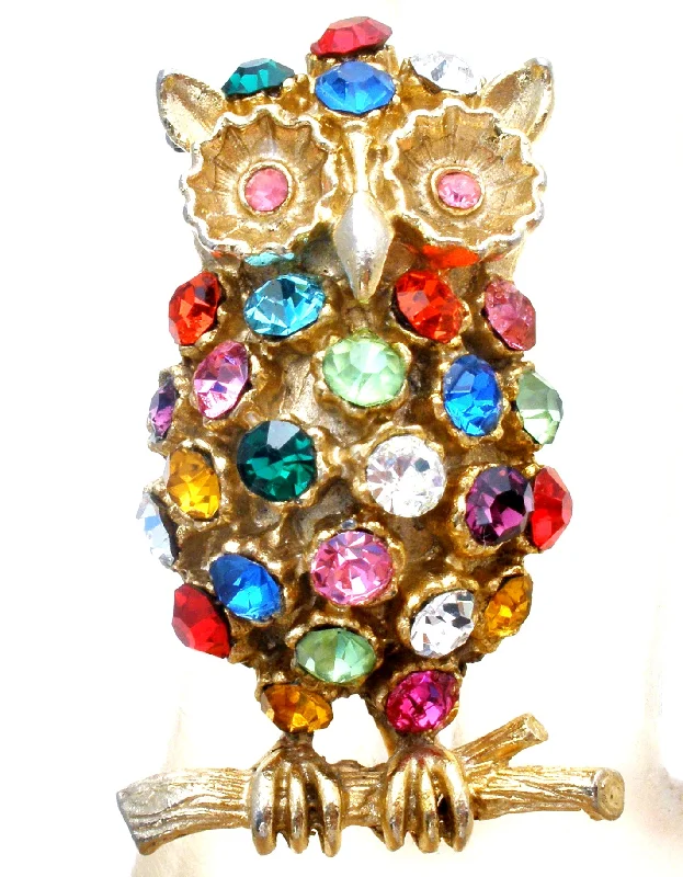 Multi Color Rhinestone Owl Brooch Pin Vintage