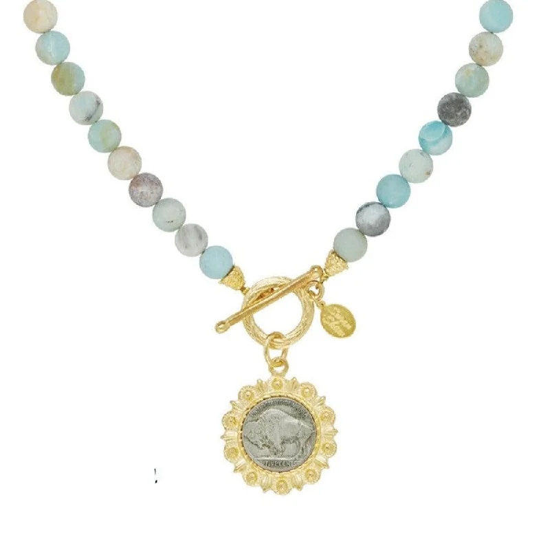 gold bar necklaces for women -Framed Buffalo Coin on Amazonite Necklace