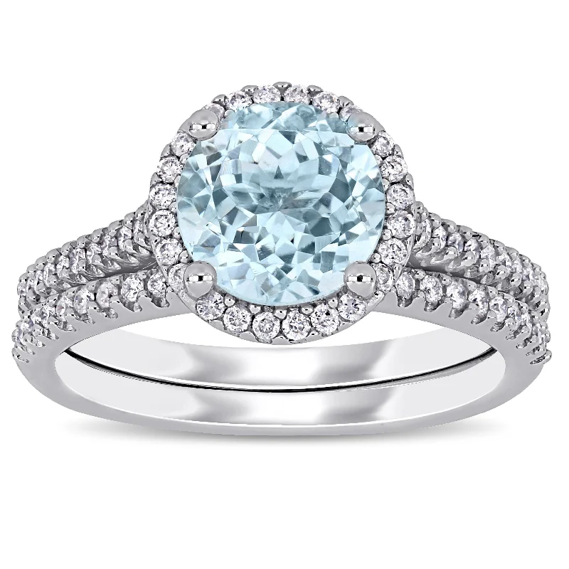 bold rings for women -Miadora 14k White Gold Aquamarine and 1/3ct TDW Diamond Halo Bridal Ring Set