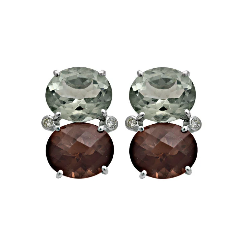 luxury earrings for women -Earrings-Smokey Quartz, Green Quartz and Diamond