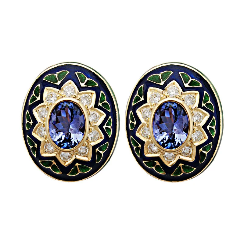 vintage stud earrings -Earrings-Tanzanite and Diamond (Enamel)