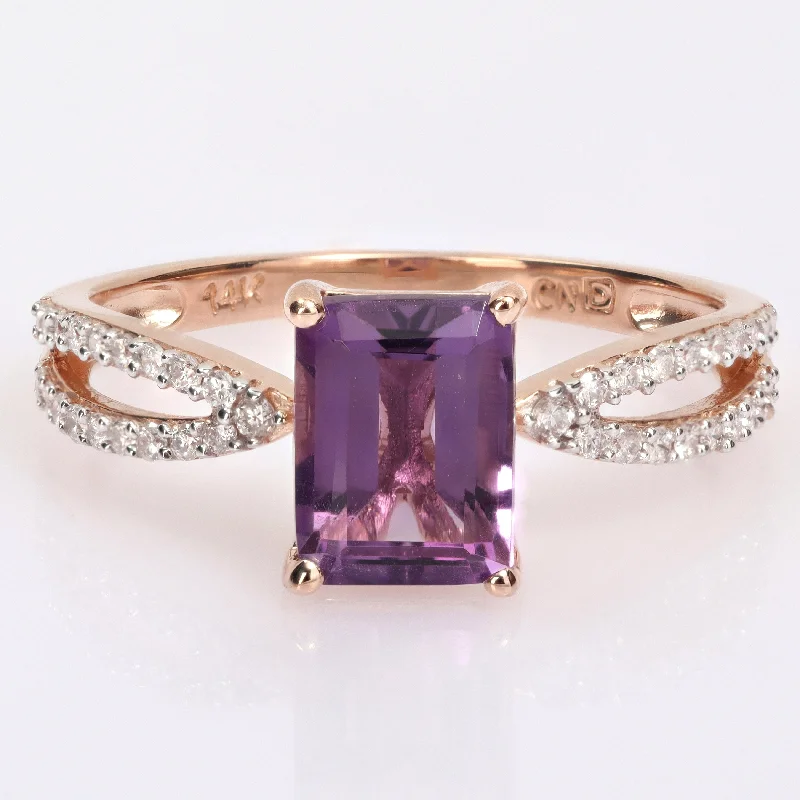 emerald rings for women -Miadora Octagon-cut Amethyst and 1/5ct TDW Diamond Split Shank Cocktail Ring in 14k Rose Gold