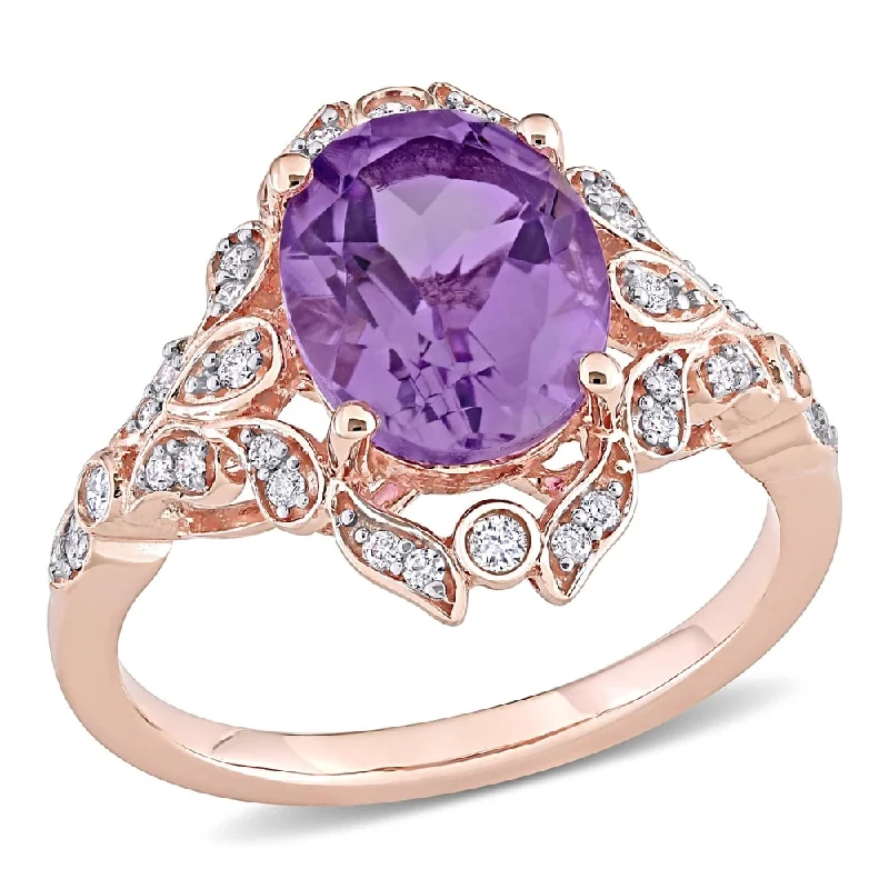 wedding sets with rings -Miadora 14k Rose Gold Oval-cut Amethyst & 1/5ct TDW Diamond Vintage Floral Halo Cocktail Ring