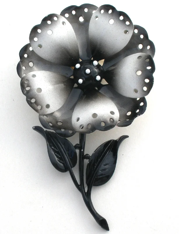 Black White Enamel Flower Brooch Pin Hedy