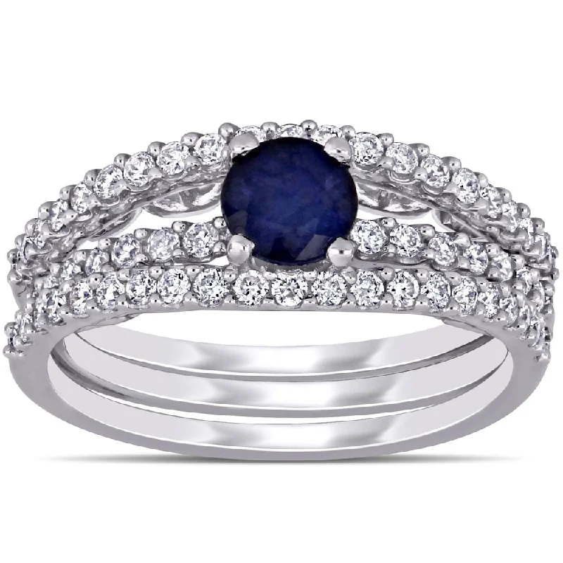 fashion gemstone rings for women -Miadora 14k White Gold Diffused Sapphire and 5/8ct TDW Diamond Bridal Ring Set