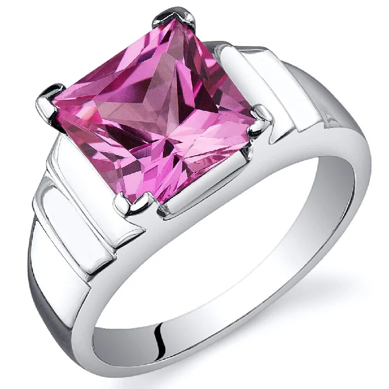 mixed metal rings for women -Sterling Silver 3.25 ct Created Pink Sapphire Solitaire Ring