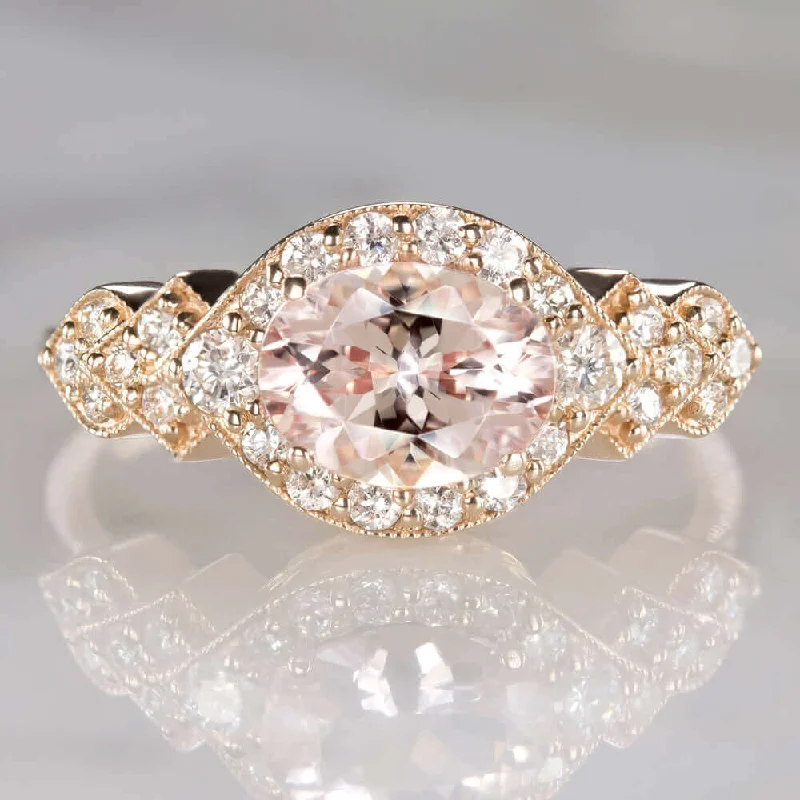 rose gold rings for women -1ct MORGANITE .37ct DIAMOND EAST WEST RING ROSE GOLD ENGAGEMENT OVAL HALO MODERN