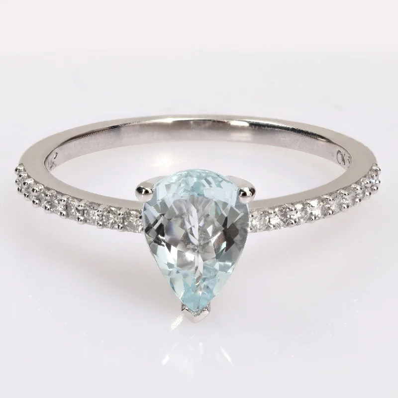 wedding bands with diamonds -Miadora Pear-cut Aquamarine and 1/6ct TDW Diamond Teardrop Ring in 14k White Gold