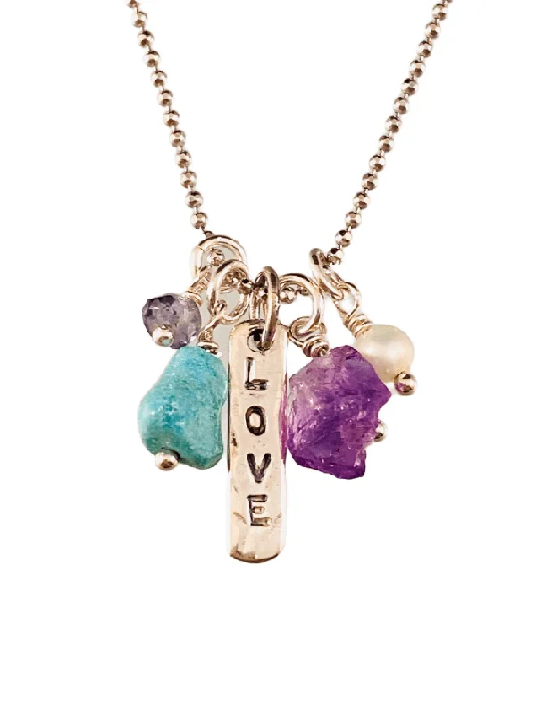 gemstone layered necklaces -16" Love Matchstick Gem Charm Necklace Amethyst Turquoise Iolite & Pearl