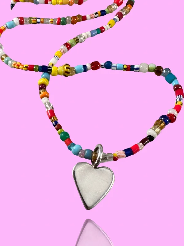 diamond necklaces for women -18” African Glass Bead Necklace with Sterling Heart or Pink Teardrops