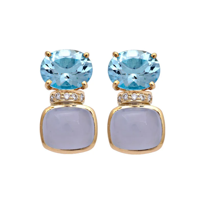 elegant gemstone earrings -Earrings-Blue Topaz, Chalcedony and Diamond