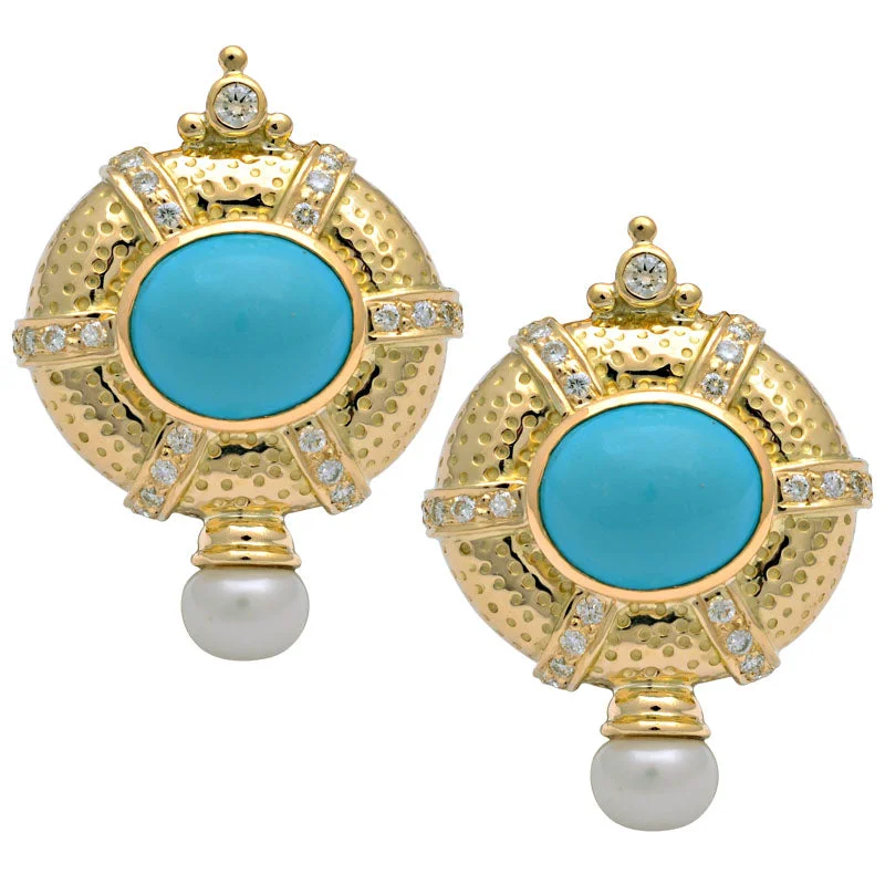 elegant gemstone earrings -Earrings-Turquoise, Pearl and Diamond