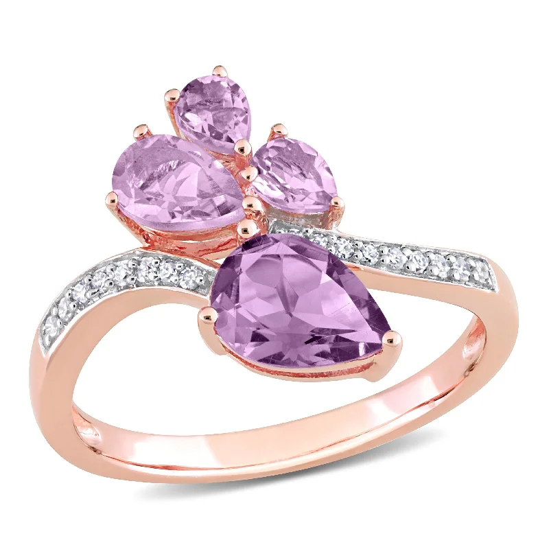 vintage wedding rings for women -Miadora 1 3/5ct TGW Pear-Shape Amethyst and Rose de France and 1/10ct TDW Diamond Toi et Moi Ring in 14k Rose Gold