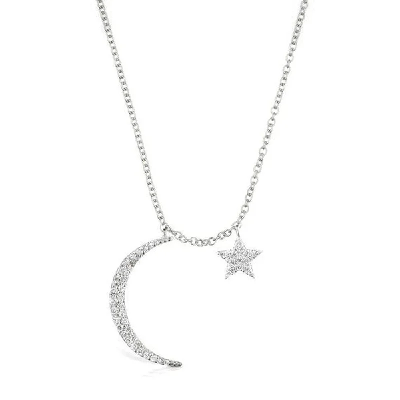 trendy pendant necklaces for women -Moon and Star Diamond Necklace White Gold