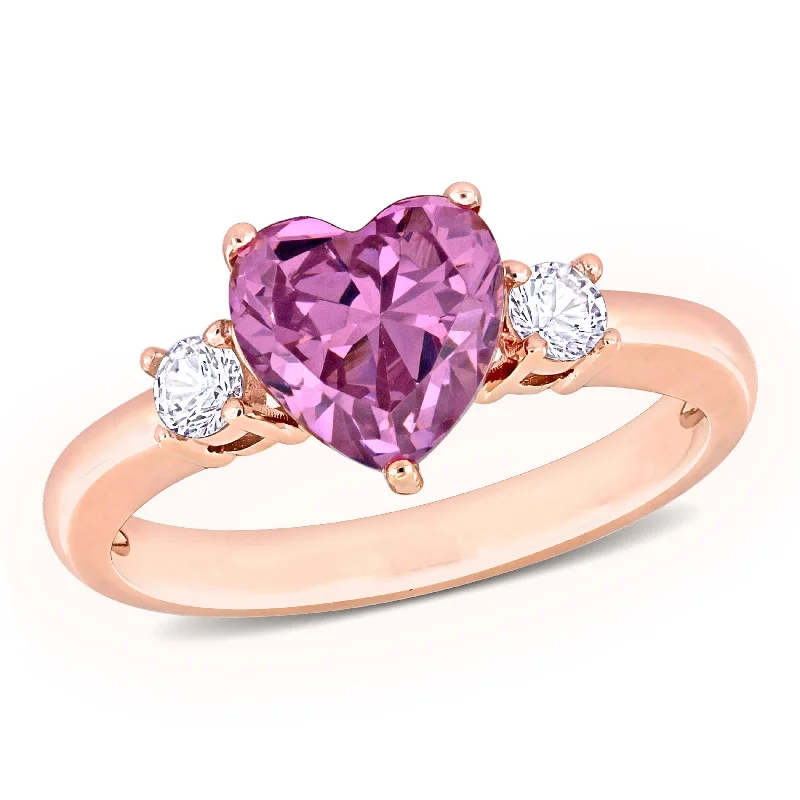 fashion engagement rings -Miadora 2 1/3ct TGW Created White and Pink Sapphire Heart 3-Stone Ring in Rose Plated Sterling Silver