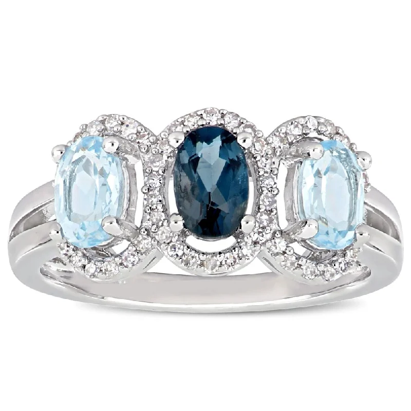 oval rings for women -Miadora Sterling Silver London and Sky-Blue Topaz with 1/5ct TDW Diamond 3-Stone Halo Ring