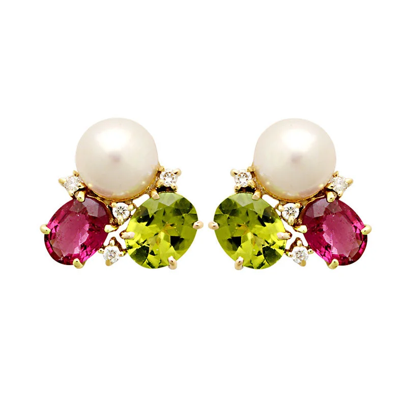 diamond stud earrings for women -Earrings-Rubellite, Peridot, South Sea Pearl and Diamond