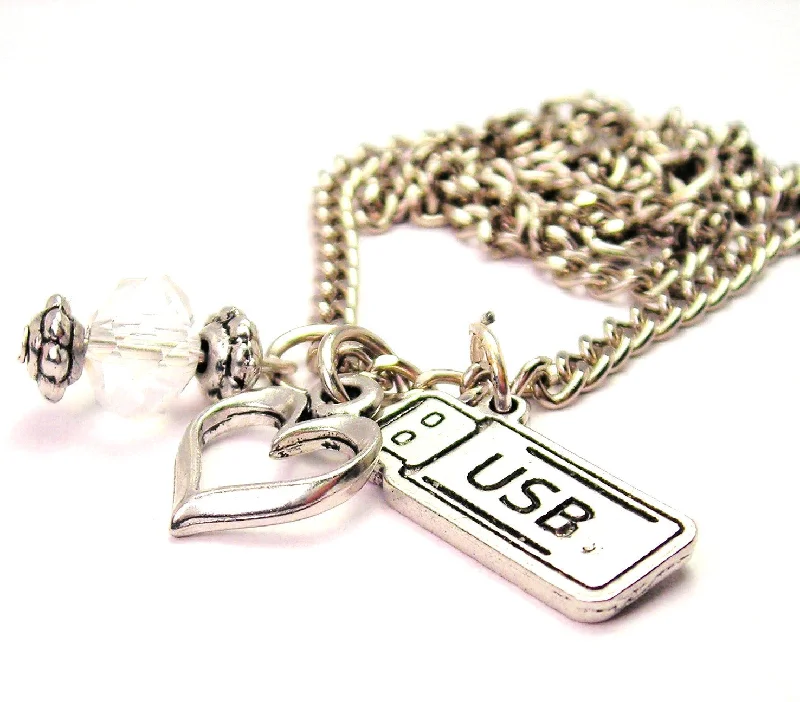 custom engraved necklaces -USB Flash Drive Necklace with Small Heart