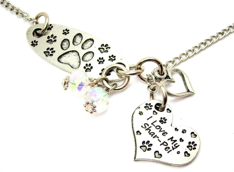 sterling silver necklaces for women -Paw Prints All Over And I Love My Shar-Pei Heart Lariat Necklace