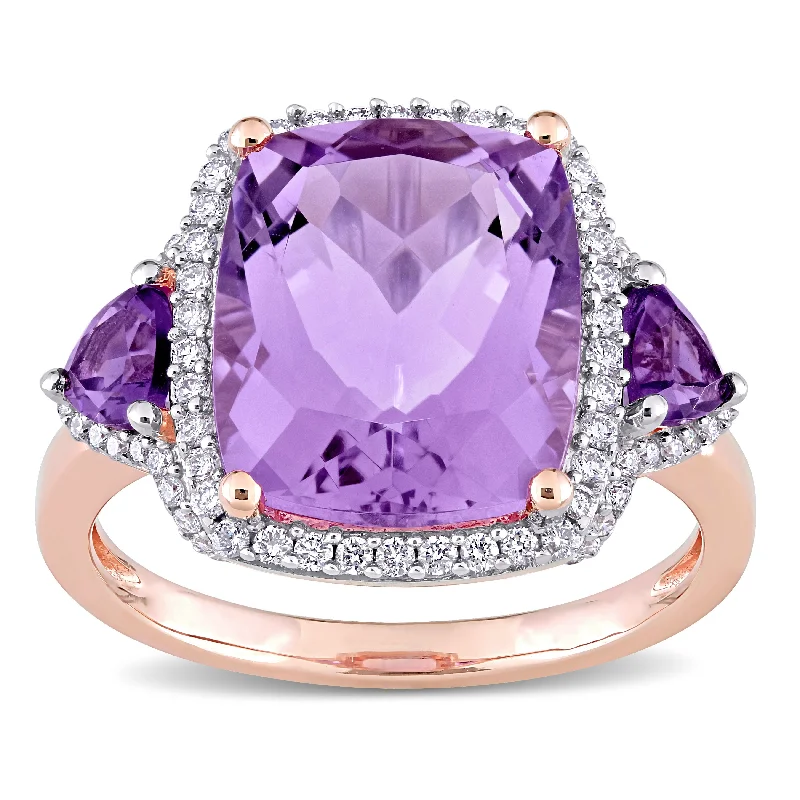 stackable rings for women -Miadora 14k Rose Gold Rose De France, African-Amethyst & 1/3ct TDW Diamond Halo Cocktail Ring