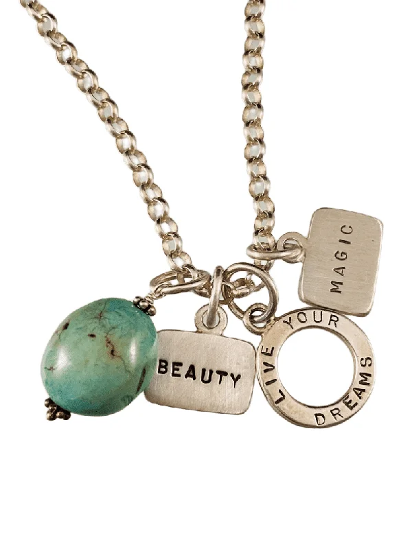 rose gold choker necklaces -Beauty, Live Your Dreams, Magic Triple Tag Charm Necklace with Turquoise