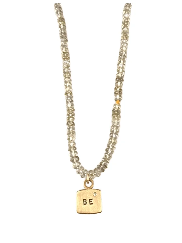 fashion statement necklaces for women -18” Graduated Prehnite Beads with 14k Gold Diamond ‘BE’ Tag Charm Necklace