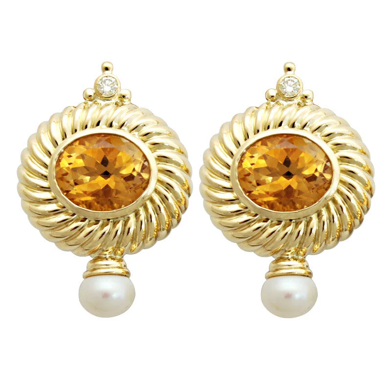 vintage earrings for women -Earrings-Citrine, Pearl and Diamond