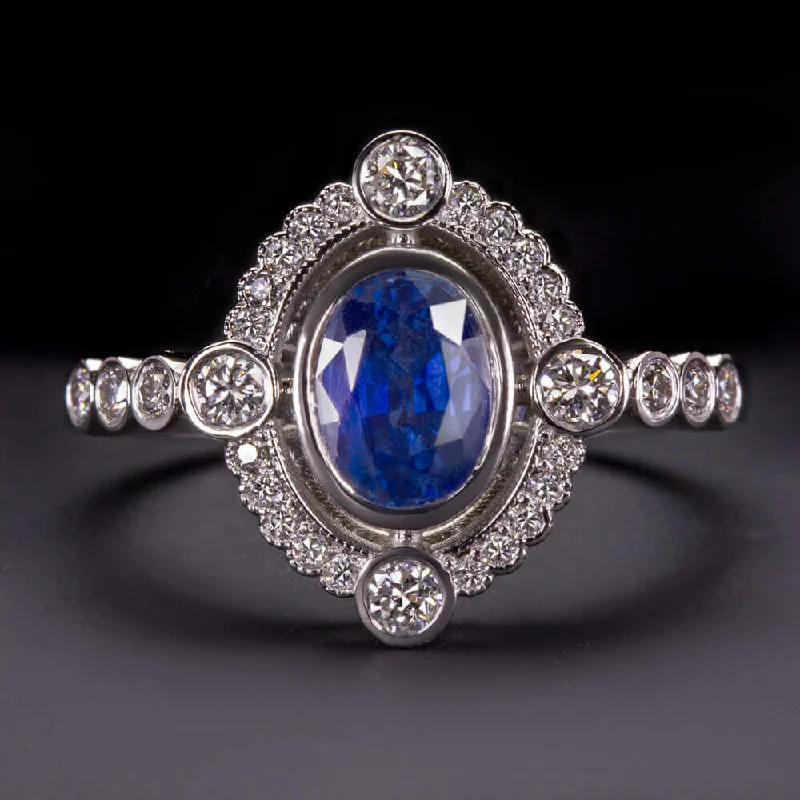 promise rings with birthstones -1ct NATURAL SAPPHIRE 1/3ct DIAMOND COCKTAIL RING VINTAGE STYLE HALO ENGAGEMENT