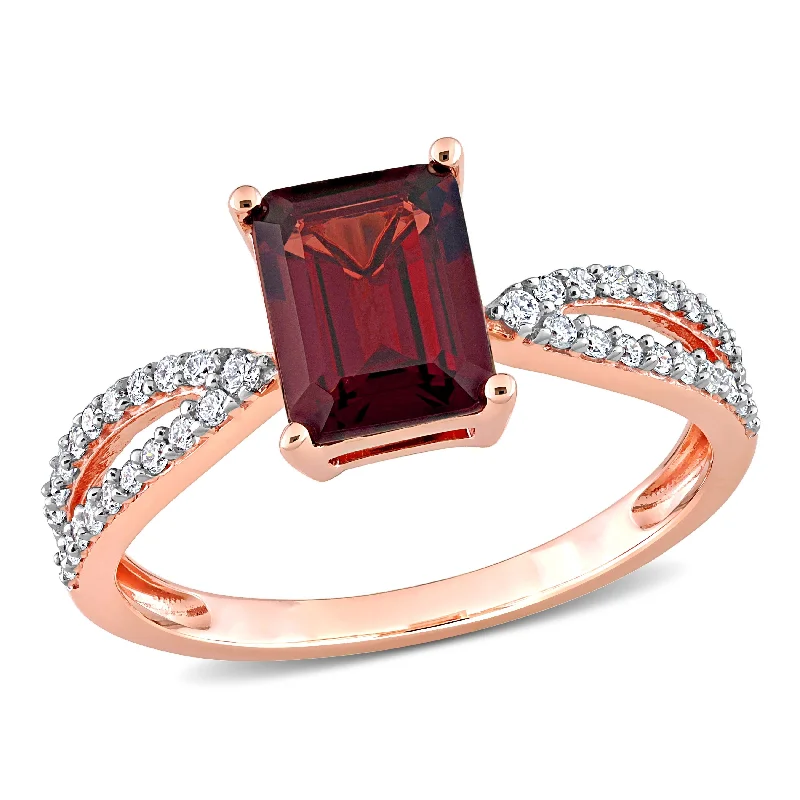 diamond cluster rings for women -Miadora 2 1/8ct TGW Octagon Garnet and 1/5ct TDW Diamond Crossover Ring in 14k Rose Gold