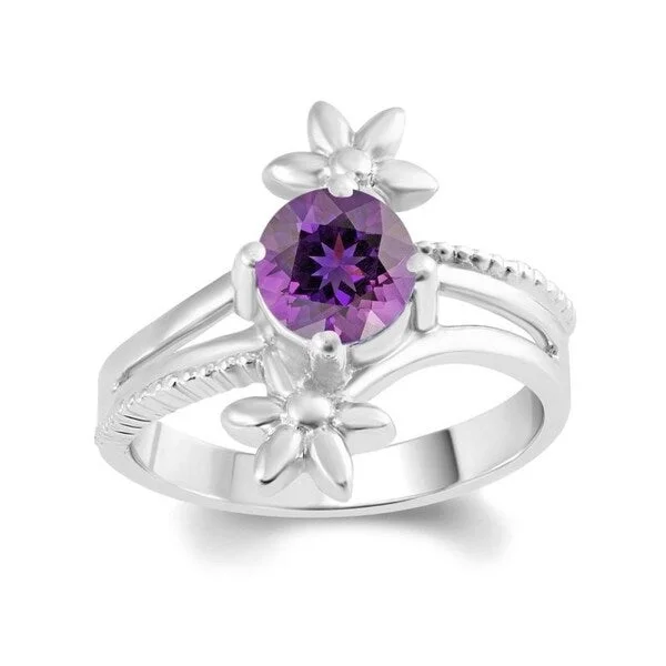 adjustable gold rings for women -Sterling Silver with Natural Amethyst Flower Ring